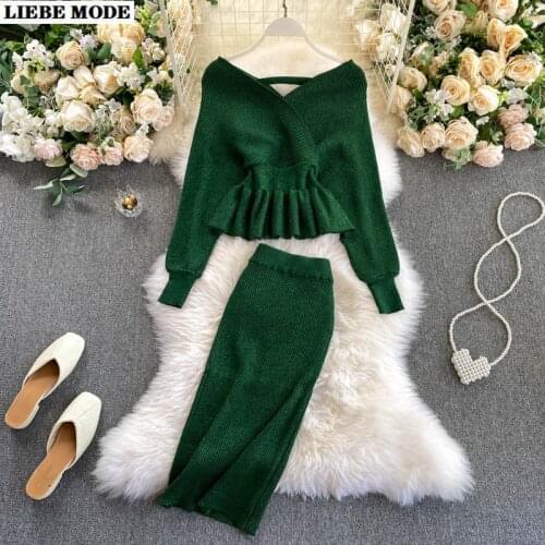Spring Skirt Set for Women 2piece High Waist Skirts Suits 2 Two Piece Sets Womens Outfits Knitted Ruffle Sweater and Long Skirt