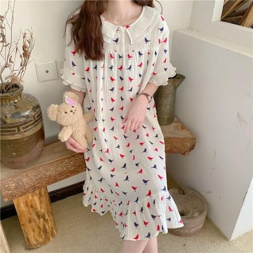 White Bird Print Summer Nightgown Women V-Neck Short Sleeve Korean Casual Long Midi Dress Cotton Sleepwear Home Clothes