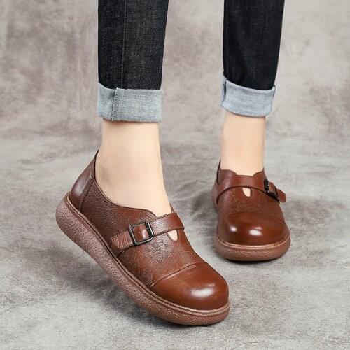 Tilocow Women Genuine Leather Retro Shoes Woman Flat With Platform Casual Shoes Female Solid Buckle Strap Flats Ladies Loafers