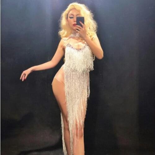 Sexy Dancer Costumes Tassel Jazz Dance Sexy Nightclub Stones Dress Costume Womens Prom Singer Dresses Outfit Bodysuit DJ144