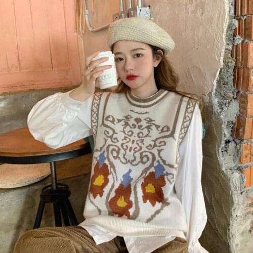 Sleeveless Sweater Ethnic Jacquard Waistcoat Women Outwear Knit Vest Autumn Winter Korean Pull Femme Nouveaute Pullover Gilet