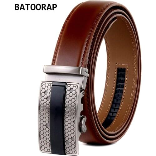 BATOORAP Mens Belt Genuine Leather Waist Strap Metal Buckle Automatic Casual Brown Belts 3.5CM Width TZP-0010