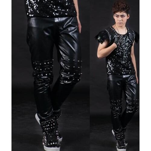 Beige grey black Stage performances singer 1 pants costumes fashion punk rivet trousers Europe America men pants clothing