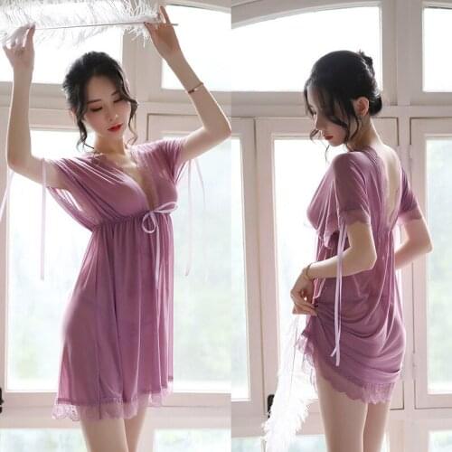 Big size fat MM sexy underwear Europe and the United States sexy pajamas deep transparent gauze silk nightdress