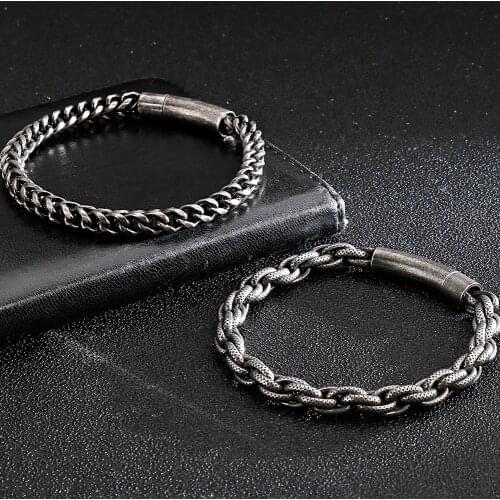 Vintage Silver Color Bracelet For Men Mens Jewellery Bracelets Stainless Steel Metal Chain For Men Armband Gifts For Boyfriend