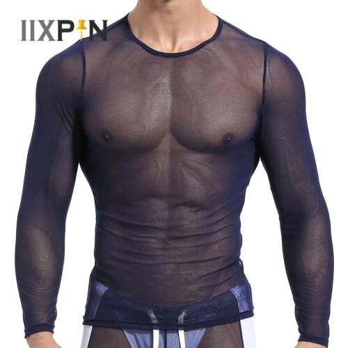 Sexy Transparent T-shirt Men See Through Long Sleeve Tops Tees Undershirt Slim Casual T Shirts for Sport Cycling Fitness Workout