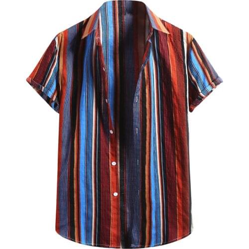 Hawaiian Summer Men Shirt Striped Print Short Sleeve Blouse Cotton Linen Breathable Shirts Casual Streetwear Camisas Kimono