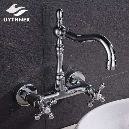 Chrome Polished Solid Brass Swivel Spout Bathroom Sink Faucet Double Handle Mixer Tap Wall Mounted