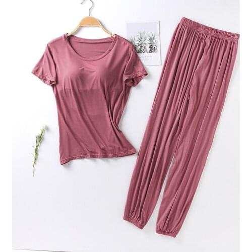 Modal short-sleeved bloomers pajamas with chest pads womens bra one-piece home service two-piece suit