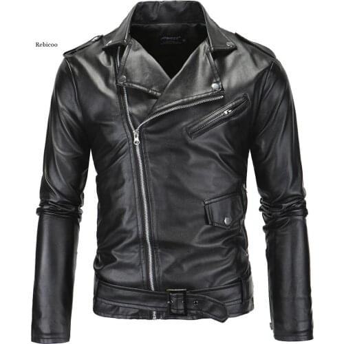 Spring Autumn Motorcycle Leather Jacket Men Slim Fit Oblique Zipper Pu Jacket Mens Leather Jackets Motorcycle Pu Leather Men