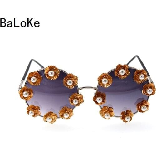 New Arrival Baroque Sunglasses Black Frame Metal Flowers Round SunGlass Woman Party/Summer Beach Outdoor Casual Decoration