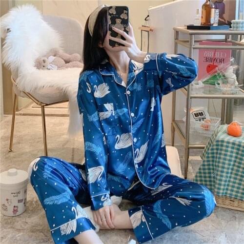 Flower Ladies Pajamas Sui 2021 Spring And Autumn New Long-sleeve Trousers Plus Size Cardigan Ice Silk Womens Loungewear Indoor