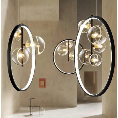 Modern Suspension Round Ring Pendant Light Glass Ball Lampshades Black Dining Furniture Living Rroom Home Decoration Accessories