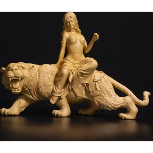 14cm Beauty Riding Tiger Sculpture Room Decoration Boxwood Figure Solid Wood Statue Home Decor