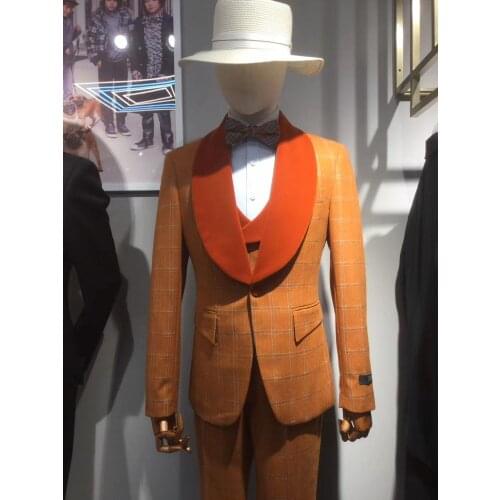 Brown Plaid wedding suit for men suits slim fit bridegroom best man party ball round Lapel tuxedo 3 piece square Blazer Jacket