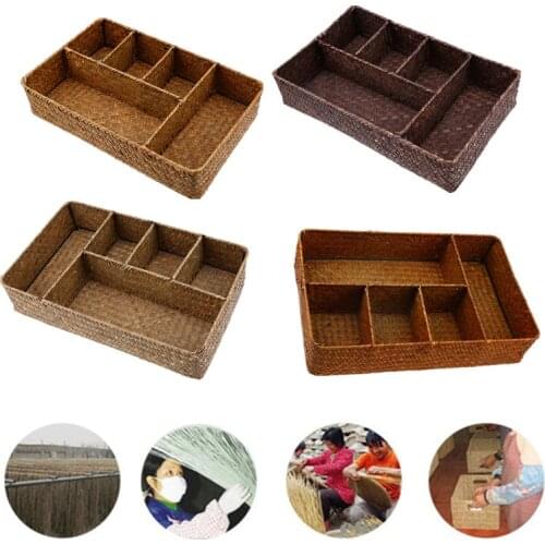 5 Girds Large Seagrass Storage Box Sundries Container Case Handmade Storage Basket Kitchen Organizer for Home Office Supplies