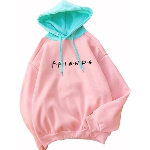 Harajuku Kpop Sweatshirt Fleece Antumn Winter Hoodie Friends TV Show Women Long Sleeve Spell Color Stitching Raglan Warm Hooded