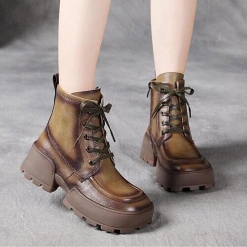 Genuine Leather Zip Round Toe Retro Shoes Women Ankle Boots 2021 New Autumn Winter Handmade Concise Leisure Platform Boots Mujer