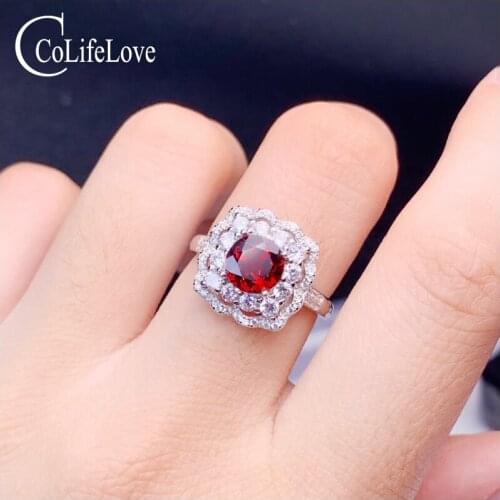 CoLife Jewelry 925 Silver Garnet Ring for Party 7mm Natural Garnet Silver Ring Baroque Style 925 Silver Garnet Jewelry
