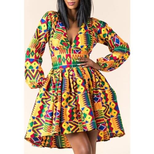 Ankara African Dresses for Women Dashiki Print Maxi Dress Floral V-Neck Pleated Dress Women African Clothes Robe Africaine Femme
