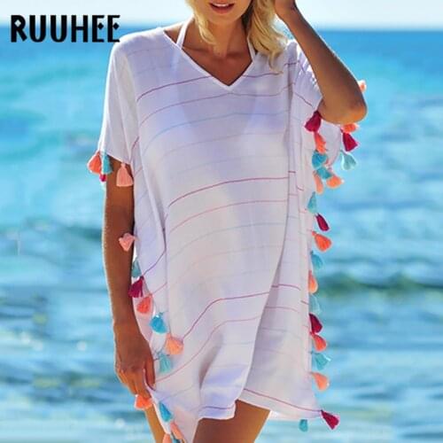 RUUHEE Women Beach Dress Short Sleeve Bathing Suit Women Swimsuit Swimwear Summer Bikini Tassel Tunic Beach Wear Cover-Up
