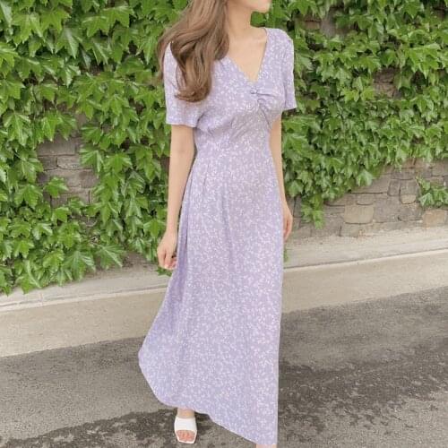 New 2021 Women Summer Dresses V-Neck High Waist Printed Floral Chiffon Vintage Lace Up Elegant Lady Long Dress E734