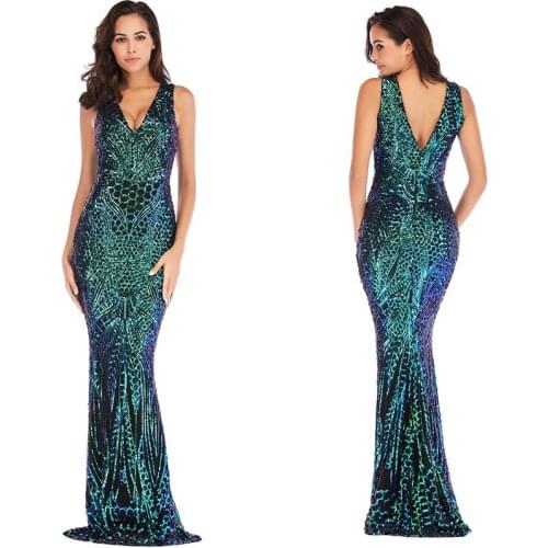 Womens V-neck Green Sequin Evening Dress Formal Party Maxi Dress