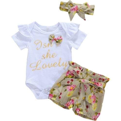 2020 Newborn Baby Girl Summer Floral Outfits Infant Bow Short Sleeve Tops Romper+Shorts Pants+Headband Clothes 3Pcs Set 0-18M