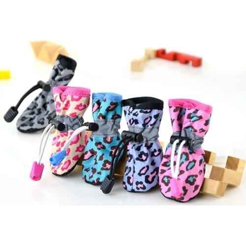 One Set 4pcs Pet Dog Cat Lovely Anti-Slip Rubber Sole Waterproof Leopard Boots Shoes Puppy Shoes