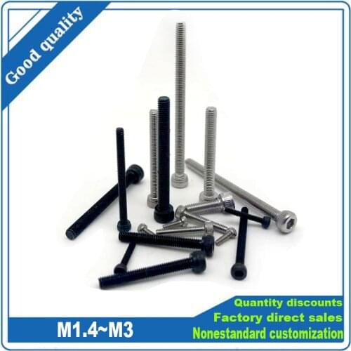 50pcs DIN912 Hexagon Hex Socket Head Cap Allen Bolt Screw M1.4 M1.6 M2 M2.5 M3 304 A2 Stainless Steel Black Grade 12.9 L=2-30mm