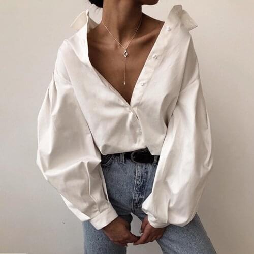 Casual Vintage Sexy Button White Blouse Women Lantern Sleeve Plus Size Loose Women Shirt Office Ladies Tops Blusas