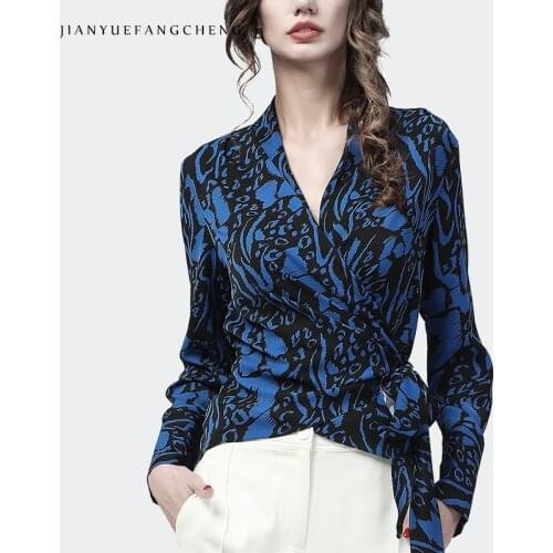 Charm Blue Printed Long Sleeve Blouse Women Crossed V-Neck Lace-Up Tunic Shirt 2021 Autumn Fashion Mature Ladies Tops And Blouse