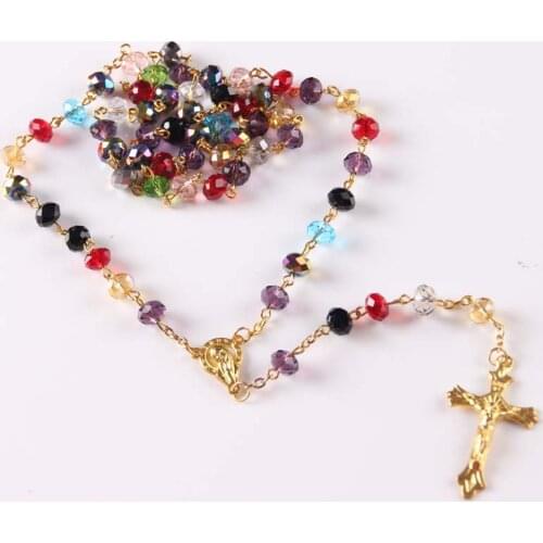Yiwu factory handmade superb crystal beads rosary with cross colorful rosary