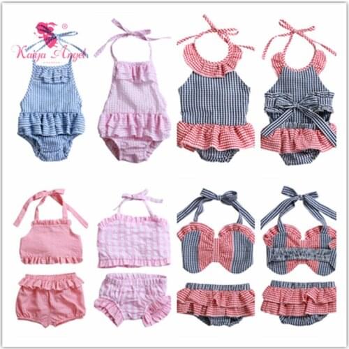 Kaiya Angel Baby Girl Boutique Kids Pink Dark Blue and White Plaid Bubble Belt Clothing Summer Clothes Cotton Set Wholesale