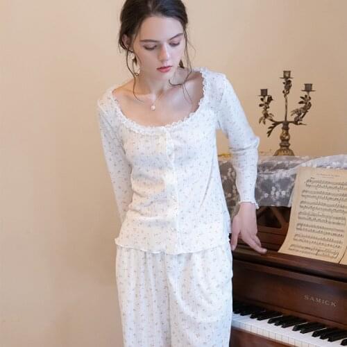 2 PCS Cotton Pajamas Floral Long Sleeve Pajamas Women Print Sexy Store Top Pajama Beauty Lounge Wear Home Clothes Sleep Set