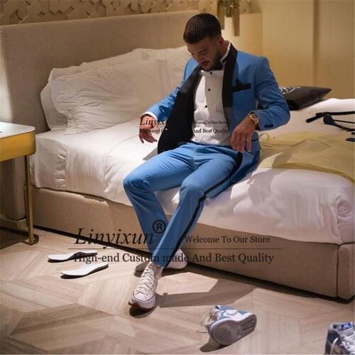 Handsome Royal Blue Men Suit Slim Fit Black Shawl Lapel Blazer Wedding Groom Tuxedo Best Man Terno Masculino 2 Piece Jacket+Pant