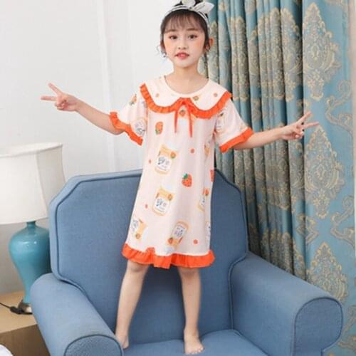 Big Lapel Summer Girls Nightdress Clothes Cartoon Nightgown Children Clothing Short Sleeved Pajamas Dress Kids Homewear