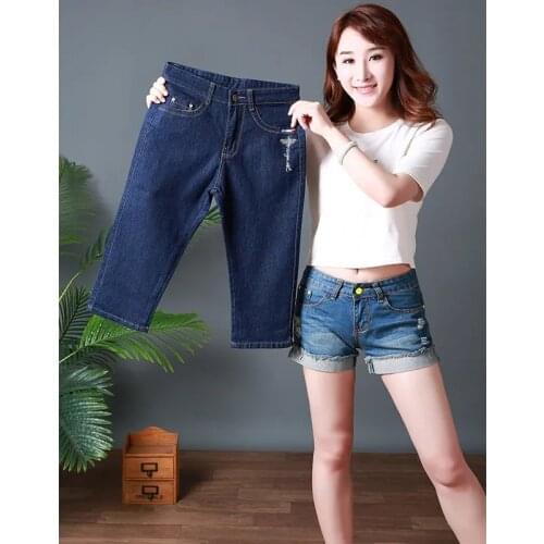 Summer 2021 New High Waist Cropped Jeans Womens Stretch Loose Thin Straight Leg Pants Slim Breeches Embroidery