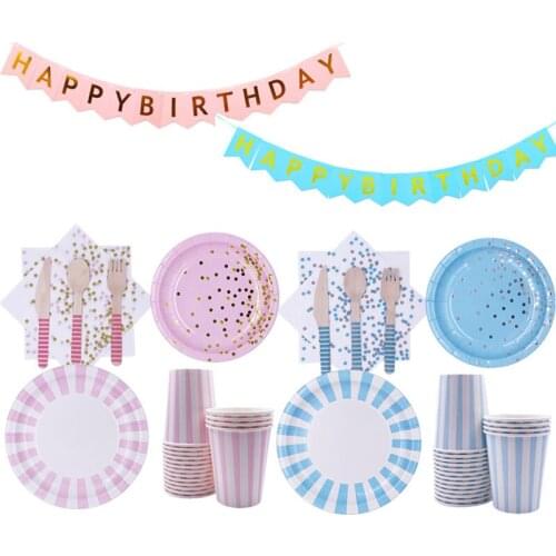 Birthday Disposable Tableware Set Pink Blue Paper Plates Paper Cups for Jungle Party Wedding Supplies Birthday Party Cake Plates