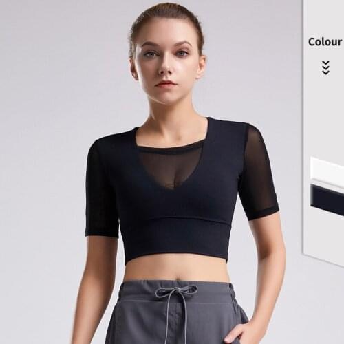 Online celebrity yoga clothes with chest pads, womens tight mesh running clothes, va va voom fitness tops and short sleeves