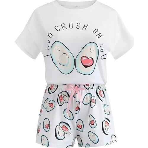 Qweek Avocado Pajamas for Woman Summer Night Home Suit Pyjamas 2 Pieces Set Pijamas Home Wear Homesuit Nightwear Home Clothe