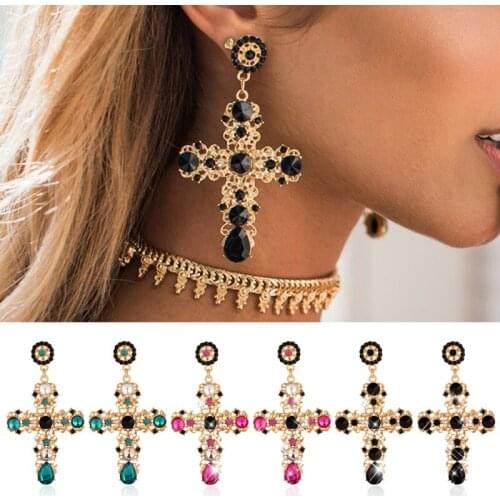 Elegant Cross Boho Women Lady Rhinestone Dangle Drop Rhinestone Ear Stud Earring