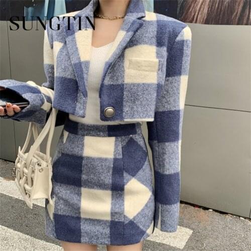 Sungtin Blue Plaid Bodycon Skirt and Top Set Two Women Sexy Cute Woolen Casual 2 Piece Plaid Set Skirt and Top Woman Streetwear