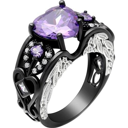 Black Gold Sterling Jewelry Love Heart Ring Female Angel Wing Couple Ring For Women Romantic Purple Cubic Zirconia Bijoux Gifts