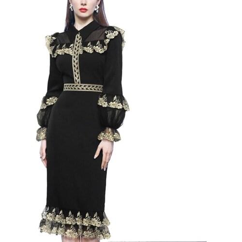 2021 Spring Autumn New Women Temperament Vintage Palace Lace Dresses Lantern Sleeve Slim Thin Female Embroidery Dresses LJ3084