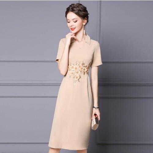 Embroidery Medium Woman Dress H-Shape Summer Short Sleeves Pencil Skirt Apricot Color Elegant Shinny Soft Dresses For Lady