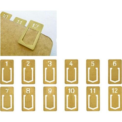 12pcs Number Copper Bookmark Clips Vintage Pattern Openwork Bookmarks Stationery Book Marker Mark Gift Office School Supplies