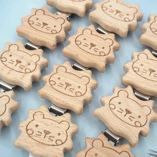 Chenkai 50PCS Wooden Lion Pacifier Clips DIY Organic Eco-friendly Nature Baby Pacifier Rattle Teething Grasping Sensory Toy