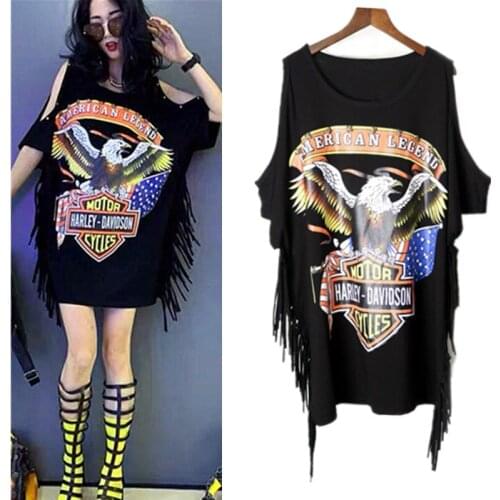 Womens Unique Streetwear Loose Blouse Summer Longtees Tassels Eagle Printed Fashion Hip Hop Dancers Female Tops NS823