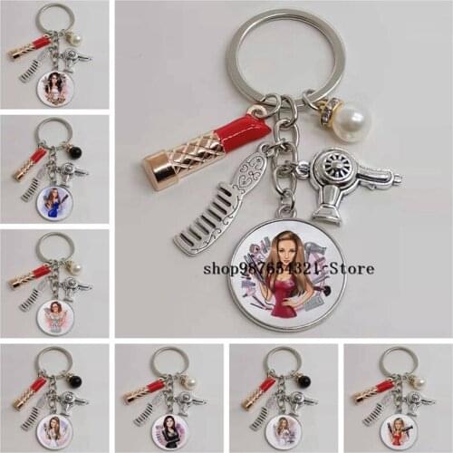 New style beauty salon keychain, glass cabochon pendant keychain, comb hair dryer lipstick alloy keychain